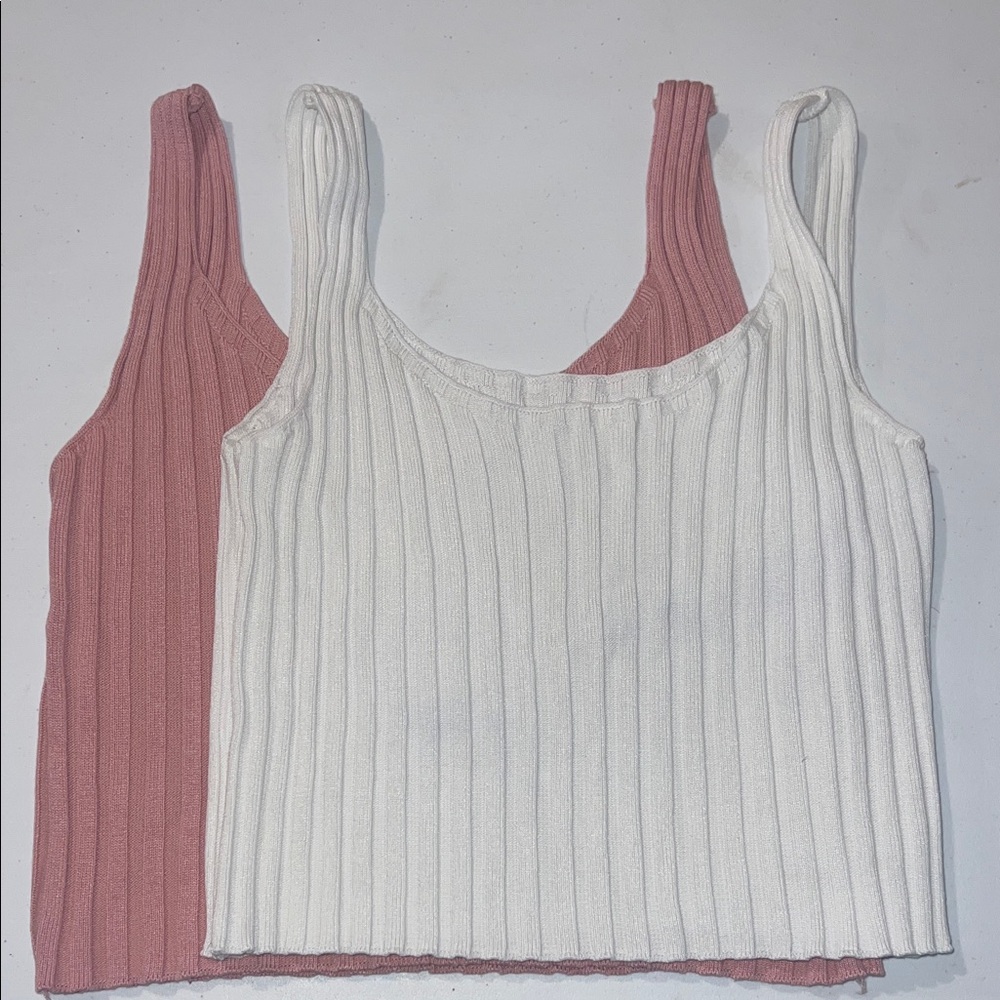 Ribbed Knit Tank Top Set - Pink and White